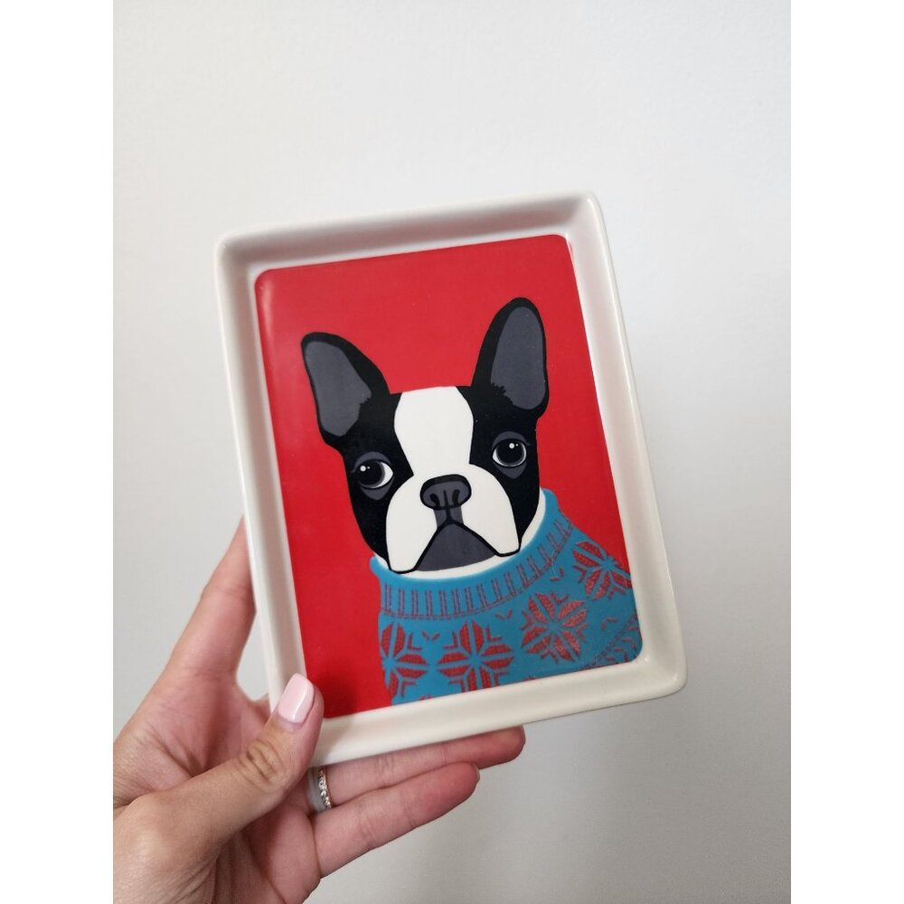 Magenta Frenchie dog sweater blue red trinket dish